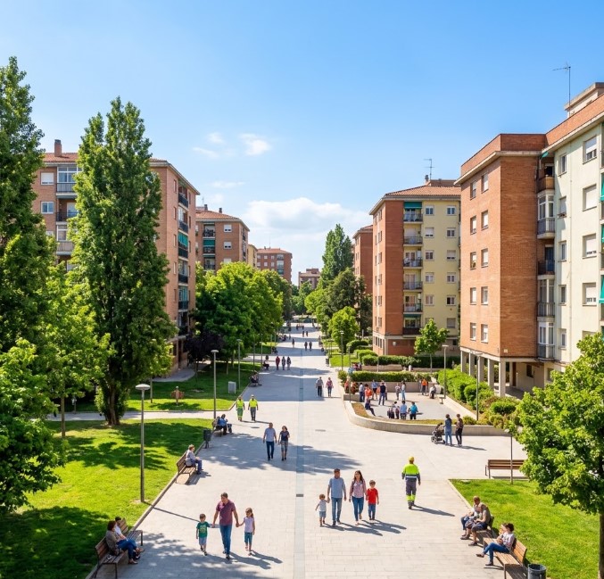 Vistas de las plazas, zonas arboladas y el entramado residencial característico de Badia del Vallès